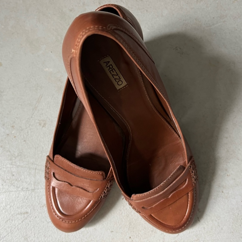 AREZZO Almond Toe Block Heel Leather Penny Loafer in Cognac Brown - Picture 13 of 15